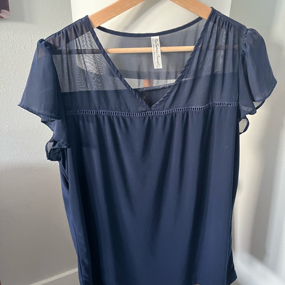 PerSeption Concept Navy V-Neck Sheer Yoke Flutter Sleeve Top
